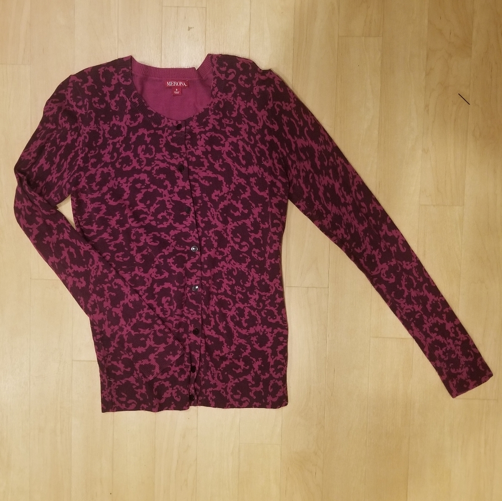 Berry and purple long-sleeve cardigan.